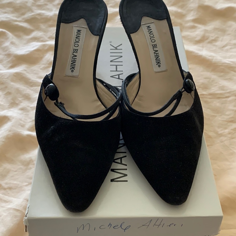 Vintage Manolo Blahnik black suede mules 391/2
